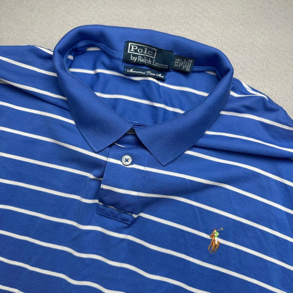 Polo Ralph Lauren Shirt Mens XXL Blue White Striped Mercerized Pima Mesh Polo